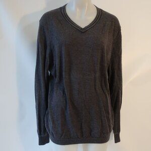 Mens Elie Tahari Charcoal Gray Black Trim 100% Merino Wool V-Neck Sweater XL